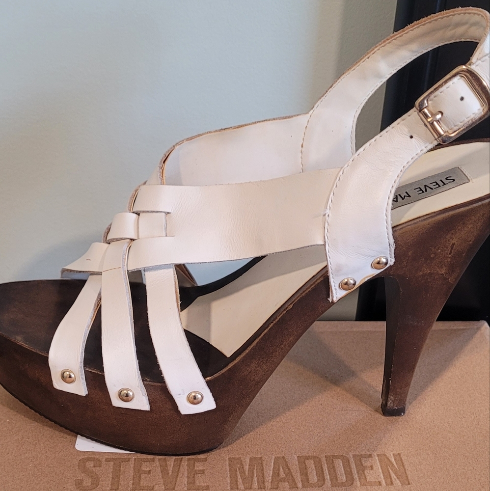 Steve Madden white strappy sandals with wooden heels, size 11 - Picture 2 of 4